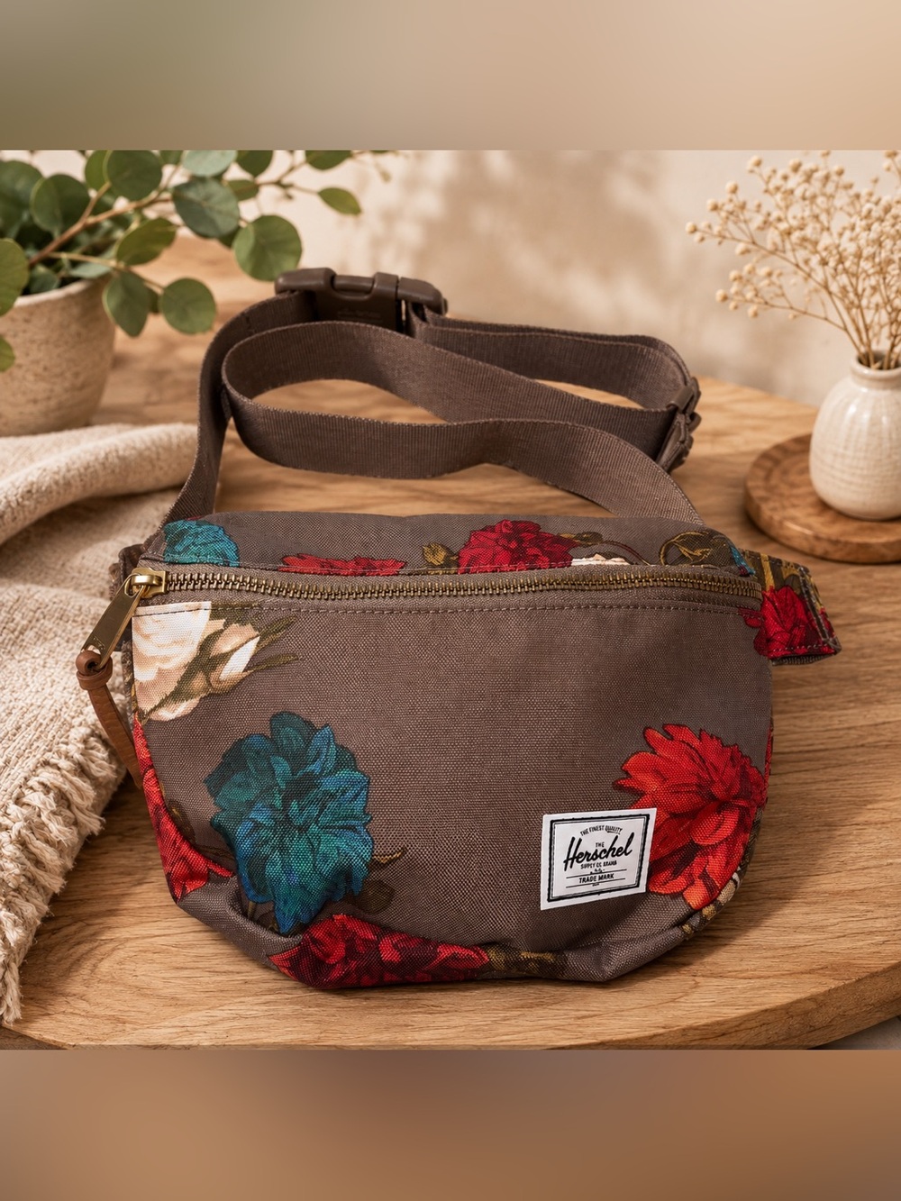 NWOT Herschel Supply Company Floral Waist Bag — Brown with Red & Teal Flowers
